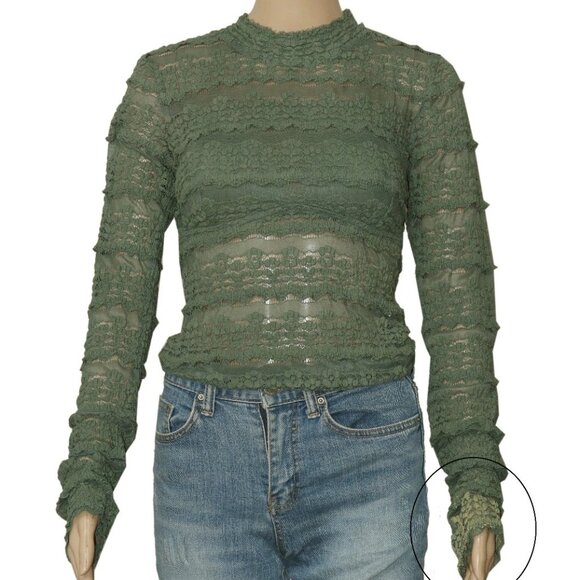 Free People Angelina Bodysuit Army Green Mock Neck Lace Sheer Top L - Picture 7 of 7